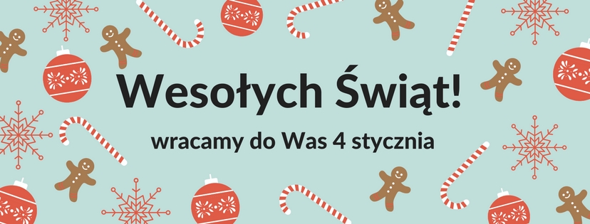 Baner z motywami świątecznymi i informacja Wesołych świąt, wracamy do Was 4 stycznia