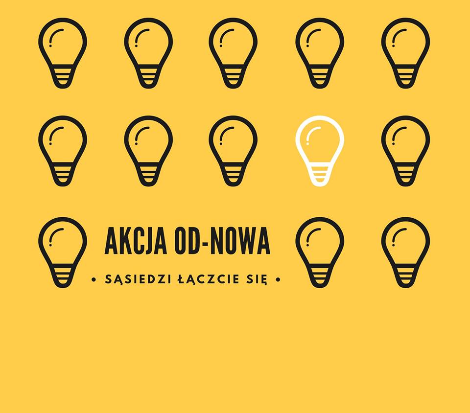 Baner projektu Akcja Odnowa, czarne żarówki na żółtym tle