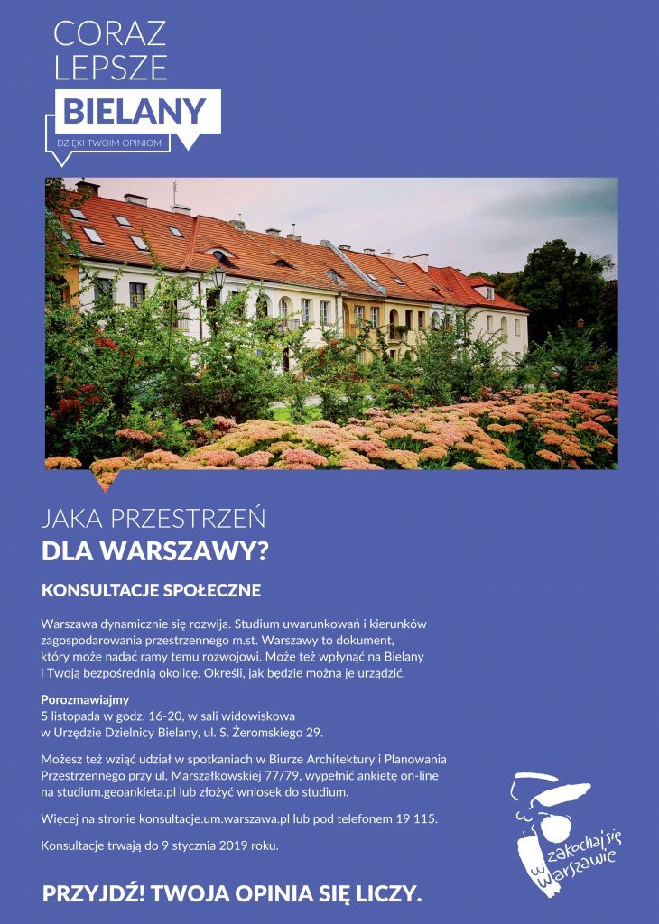 Plakat konsultacji społecznych "Jaka przestrzeń dla warszawy?" Warszawa 2018