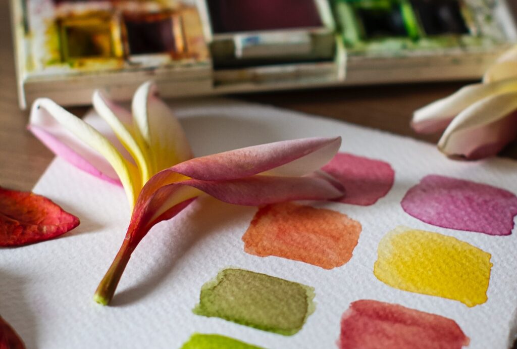 Paleta z akwarelami, papier do akwareli z namalowanymi kolorowymi prostokątami, żółto-biało-różowy kwiat.