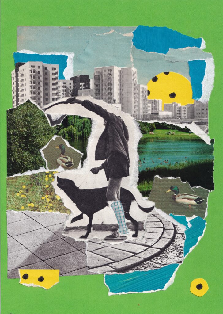 Kolaż stworzony z wydartych fragmentów starych zdjęć przedstawiający postać z psem na tle jeziorka i bloków z wielkiej płyty.