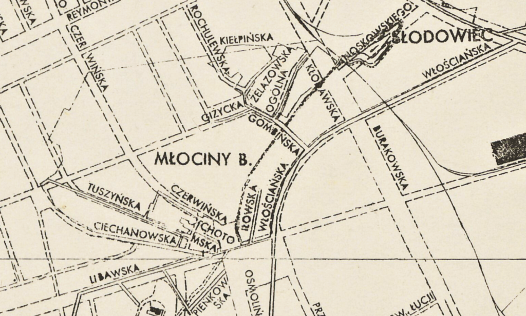 Fragment starej mapy z układem ulic Młocin.