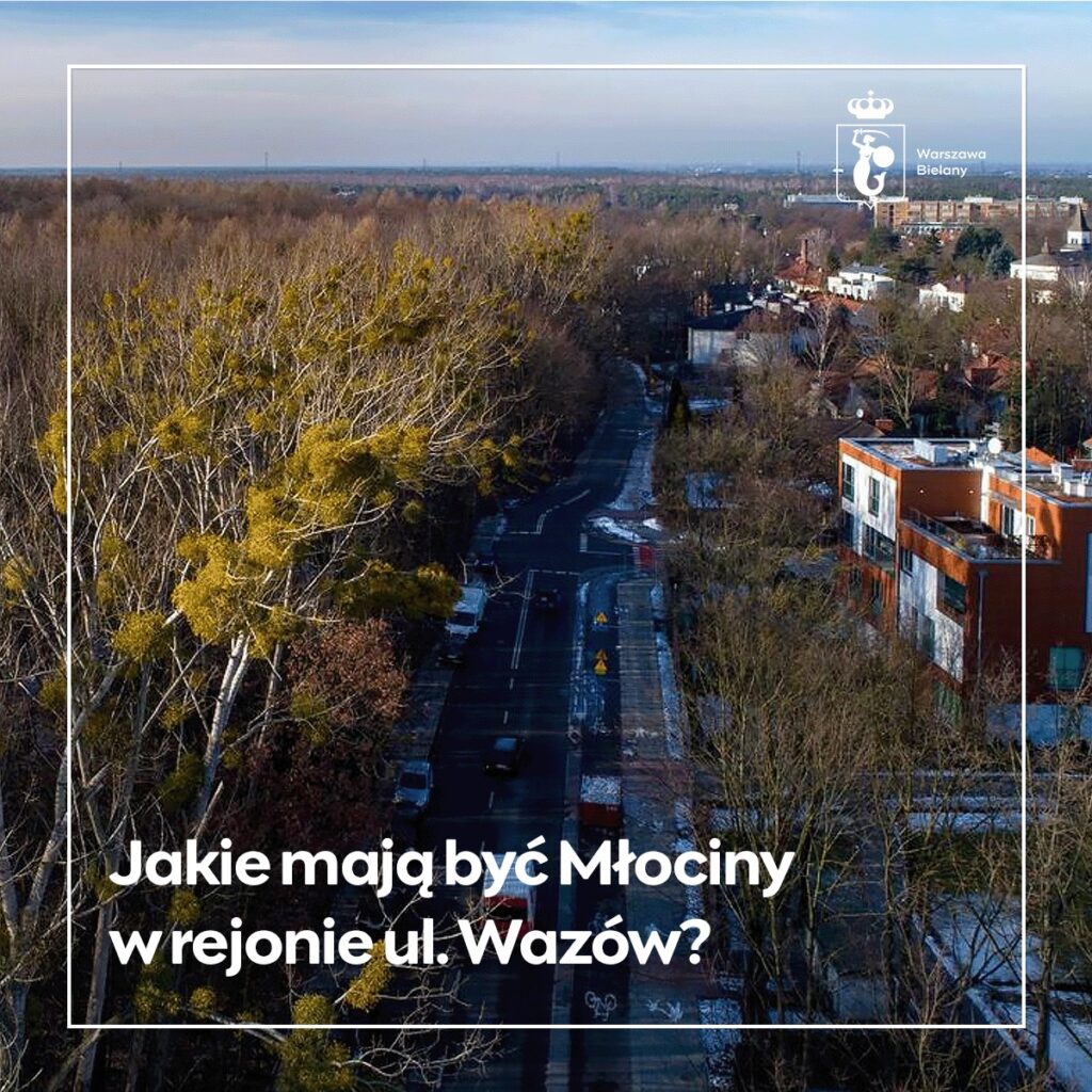 Zdjęcie ulicy w mieście z napisem "Jakie mają być Młociny w rejonie Wazów?"
