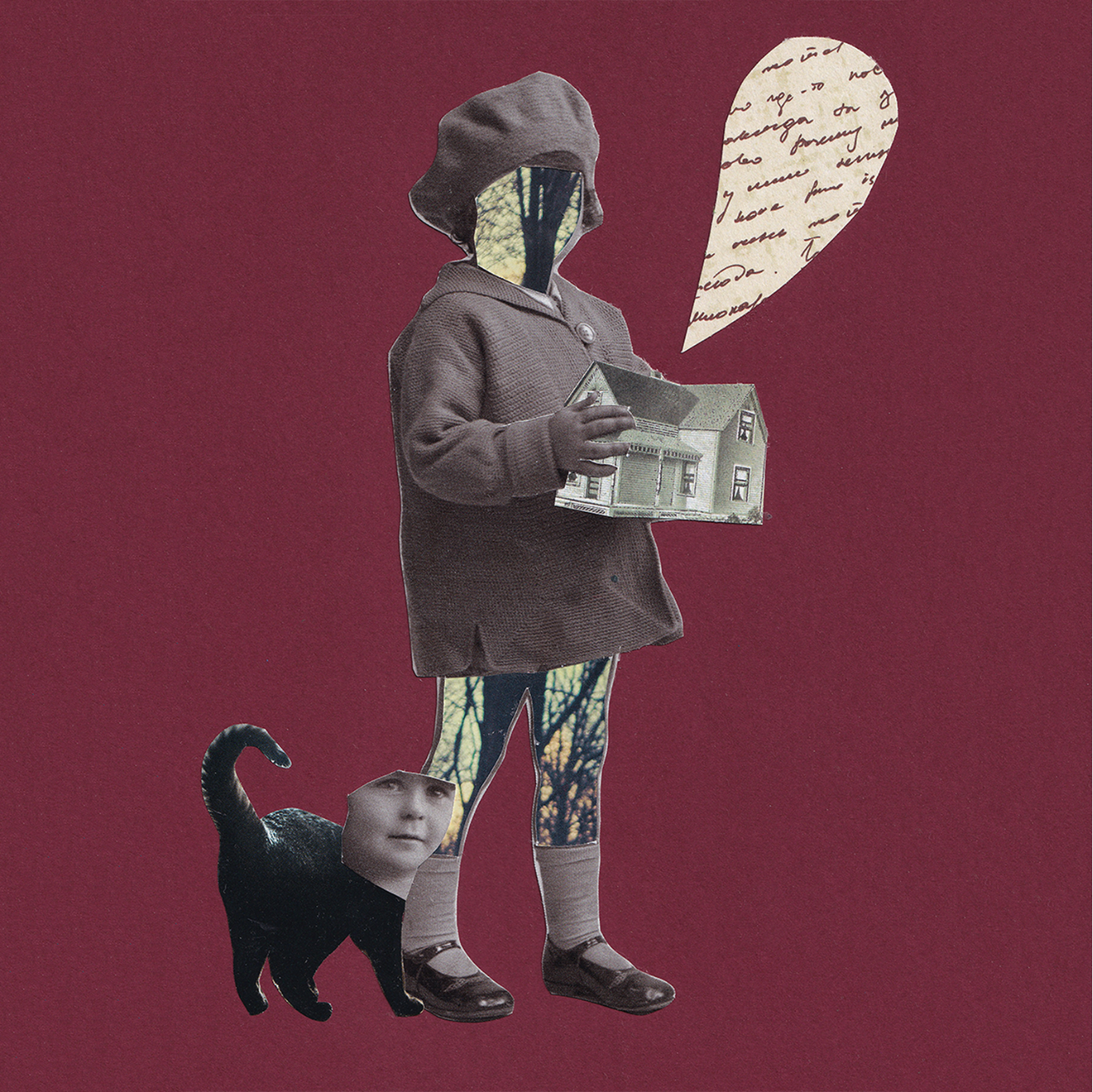 Kolaż na bordowym tle przedstawiający postać z kotem.