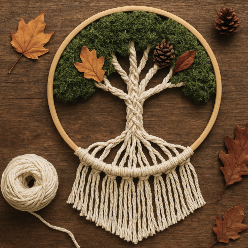 Drzewo wykonane metodą makramy z białego sznurka ozdobione szyszkami i jesiennymi liśćmi.