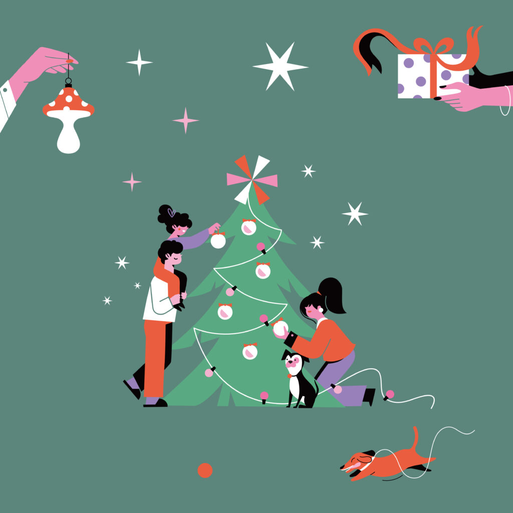 Grafika przedstawiająca rodzinkę ubierającą choinkę. Całość w świątecznym nastroju.